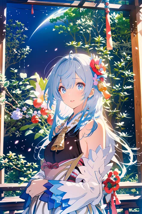 japanese new year, year of the dragon theme, nengajo, furisode, decorative ink, dream-like, (powder light particles:1.2), 1girl, solo, looking at viewer, long hair, sky, bangs, hair ornament, long sleeves, parted lips, upper body, hair flower  <lora:ganyu:1>