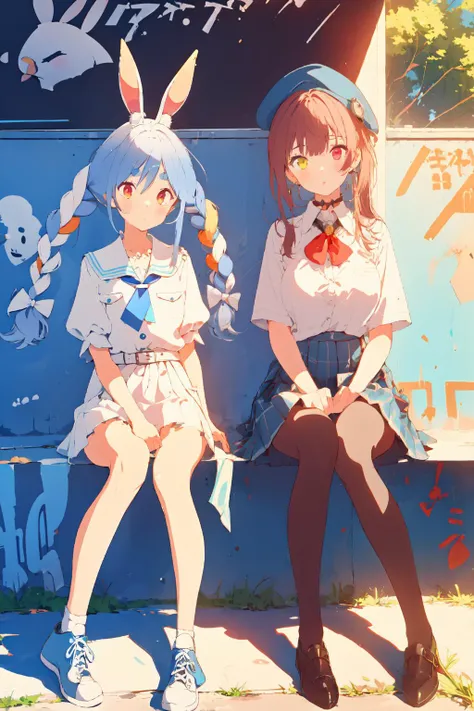2girls, sitting, graffiti, wall, tree shadow, high contrast, canned coffee, looking at viewer BREAK, masterpiece, best quality, highres, <lora:GoodHands-vanilla:1> nice hands, perfect hands ADDCOMM, 1girl, <lora:pekora1:0.9> sailjacket1, rabbit ears, BREAK, <lora:marine1:0.9> marinernd, long hair, large breasts, pantyhose, choker, school uniform, beret, miniskirt, white collared shirt, blue plaid skirt, jacket, pleated skirt, miniskirt