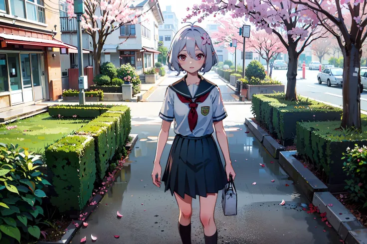 masterpiece, best quality, branch, building, chain-link fence, cherry blossoms, fence, outdoors, petals, rain, tree, sky, street, <lora:kokkoro_v1:0.8>, kokkoro, solo, 1girl, hair ornament, short hair, white hair, black skirt, pleated skirt, shirt, school uniform, short sleeves