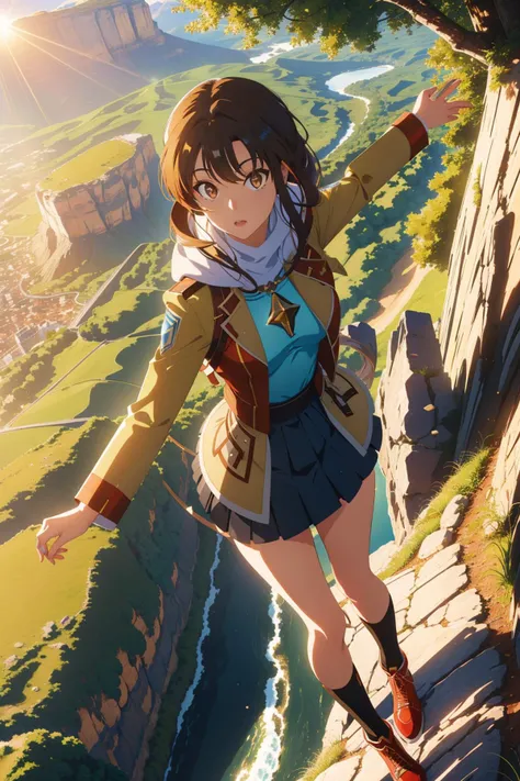 high angle shot of a Ghostly Lebanese (Female Gorn:1.3) , face is a combination of Shailene Woodley and Leah Remini, Rule of Thirds, wearing Peacoat, frolicking in a mountains, trees, Action Painting, Sun Rays, by Lois van Baarle, beeple and jeremiah ketner
