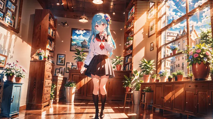 masterpiece, best quality, extreme detail, masterpiece, best quality, 4k, (masterpiece:1,2), best quality, masterpiece, colorful, smooth light, depth of light, 1 girl, long hair, school uniform, slim girl, looking at viewer, indoor, decoration, delicate, glass, flower, flower pot, window, cloudy sky, full body, shy, white kneehighs, smooth light, depth of light, blue hair, grass, light smile,