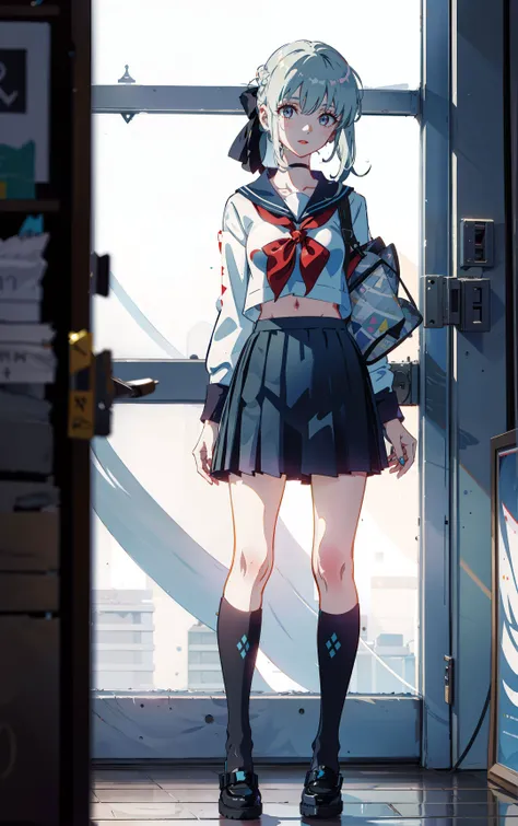 (Masterpiece:1.2, high quality), (pixiv:1.4), (1girl:1.2), (solo:1.2), medium_face, black + high_ponytail, blunt bangs, red + long_eyes, smile, Light_face, large breasts, slenderwaist, Wide pelvic, thigh gaps, (black serafuku, sailor collar, necktie),zettai ryoiki (pleated skirt blue skirt, black footwear, shoes), Single_earrin, standing, standing straight, (full body), (blurry background) <lora:morganLeFayLora_v20:1>