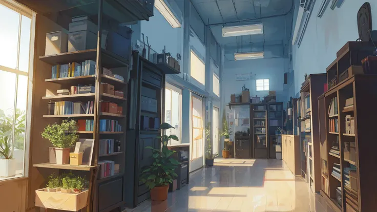 (masterpiece, highest best quality, original, amazing, extremely, Ultra HD, incredibly absurdres, best quality, 8k), (open view), (interior design), (botanical garden:1.5), (very many hanging potted plants:1.5), (workshop), (dense bookcase:1.2), (blue sky, morning sun:1.5), (soft lighting:1.1), (very many glass windows:1.1), (light pours into the house through a large number of glass windows:1.2), Light blue tailored, depth of field, a lot of books, a detailed matte painting, wooden floor, many bookshelves, lots of plants and books on the shelves and a window, plant, potted_plant, rossdraws global illumination, box, clock, jar, palm_tree, plant, potted_plant, scenery, shelf, table, tree, Wide field of view, Japanese city, background is the street view of Tokoy, (lens flare), (modern city), (glass ceiling:1.3),