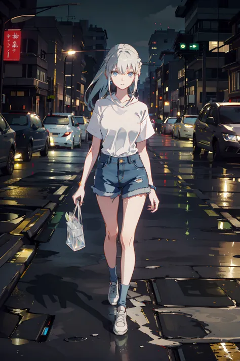 (masterpiece, best quality, ultra detailed, Good perspective, ultra HD:1.2), 1girl, solo, cool face, high detailed face, silver hair, long hair, choke,ponytail, hand in hair, hairpin, blue eyes,big breast (full detailed eyes:1.2), blue earrings, (good anatomy:1.2), clear face, walking, holding cellphone, looking left, from above, lens 16mm, wide shot, absolutely white t-shirt, Denim shorts, converese, cityscape, model buildings, crosswalk, rainy,   <lora:morganLeFayLora_v20:1>