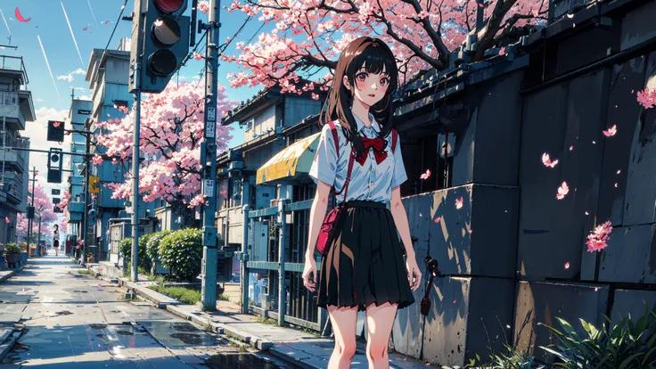 masterpiece, best quality,
1girl, black skirt, branch, building, chain-link fence, cherry blossoms, fence, long hair, outdoors, petals, pleated skirt, rain, shirt, short sleeves, skirt, solo, standing, tree,
sky,street