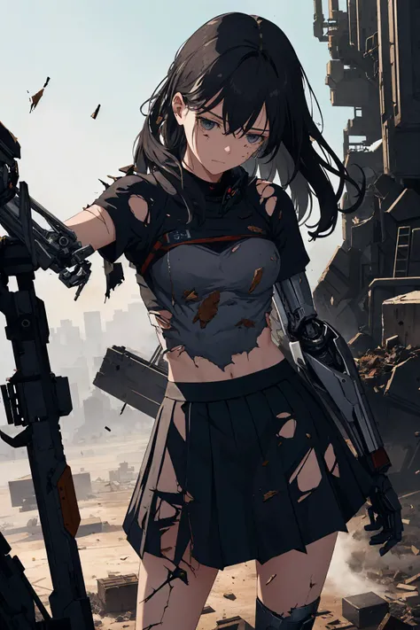 Gun action scene、explosion、Urban Warfare、Gunfight、((masterpiece, highest quality:1.3)),cowboy shot,20 year old beauty,solo,((very small head)),long body,dark blue hair,long hair,black eyes,bangs,medium breasts,,slender body,skinny,shiny skin,oily skin,Surprised、,White tight tank top、Crop length、navel、Denim micro mini shorts、GUNBELT,military vest,equipped with automatic rifle、(((explosionに巻き込まれる、Injury、Ripped clothes)))、kneeling,on street、Ruined Tokyo、explosionする建物、End of the World、War between aliens and humans、