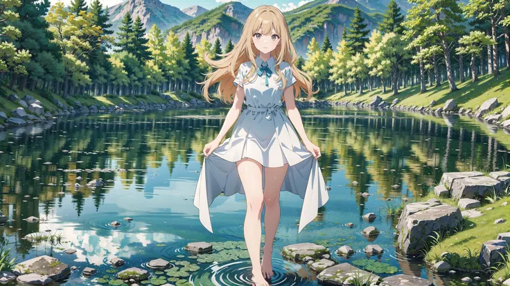masterpiece, best quality, 1girl, elf, green eyes, blonde, (standing:1.1), (forest:1.1), pov, perfect eyes, arms at sides, river, portrait, full body, smile, heeled sandals, beautiful landscape, trees