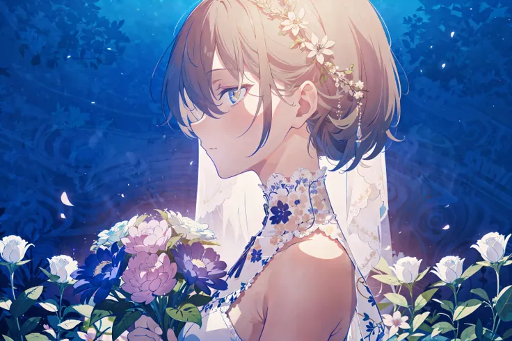 masterpiece, best quality, solo, elegant 1girl, bride, in profile, pale, soft, pink, flowers, horror, eerie, <lora:waves:0.7>,