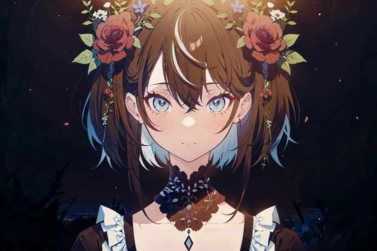 masterpiece, best quality, solo, 1girl, pixie cut, piercing eyes, flowers, horror, eerie, gothic, simple black background, <lora:waves:0.7>,