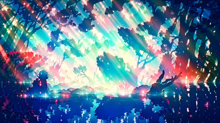 masterpiece,best quality,1girl,<lora:Silhouette:1>,Silhouette,light particles,water,water drop,underwater,solo,<lora:S1-Ori-ArtStyle_DreamLike-000008:1>,ori and the will of the wisps,ori and the blind forest,spirit tree,ori,