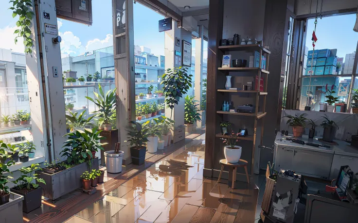 (masterpiece, highest best quality, original, amazing, extremely, Ultra HD, incredibly absurdres, best quality, 8k), (open view), (very many hanging potted plants:1.8), (very many potted plant:1.8), (potted plants on the floor:1.8), (there are also potted plants on the cabinet:1.8), (botanical garden:1.5), (workshop), (dense bookcase:1.2), (blue sky, morning sun:1.5), (soft lighting:1.1), (very many glass windows:1.1), (light pours into the house through a large number of glass windows:1.2), Light blue tailored, depth of field, a lot of books, a detailed matte painting, wooden floor, many bookshelves, lots of plants and books on the shelves and a window, plant, potted_plant, rossdraws global illumination, box, clock, jar, palm_tree, plant, potted_plant, scenery, shelf, table, tree, Wide field of view, Japanese city, background is the street view of Tokoy, (lens flare), (modern city), (glass ceiling:1.3),