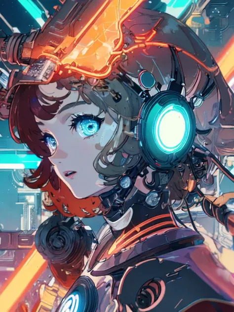 best quality, masterpiece, jp-j3a-1250 1girl, Style-GravityMagic, portrait, (bloody scars:0.7), looking at viewer, solo, from side, side view, upper body, detailed background, close up, detailed face, (<lora:DecorationBundlev2:0.6>, CircuitBoardAI, electronic theme:1.1), futuristic copper armor, hexagonal pattern, cape, high-tech, wires, advanced technology, bionics, cybernetic implants, (open helmet:0.6), dynamic pose, epic galactic futuristic city in background, orange lights, lens flare, neon lights, sparks, explosions, hologram, cinematic atmosphere, <lora:detail_slider_v4:2>