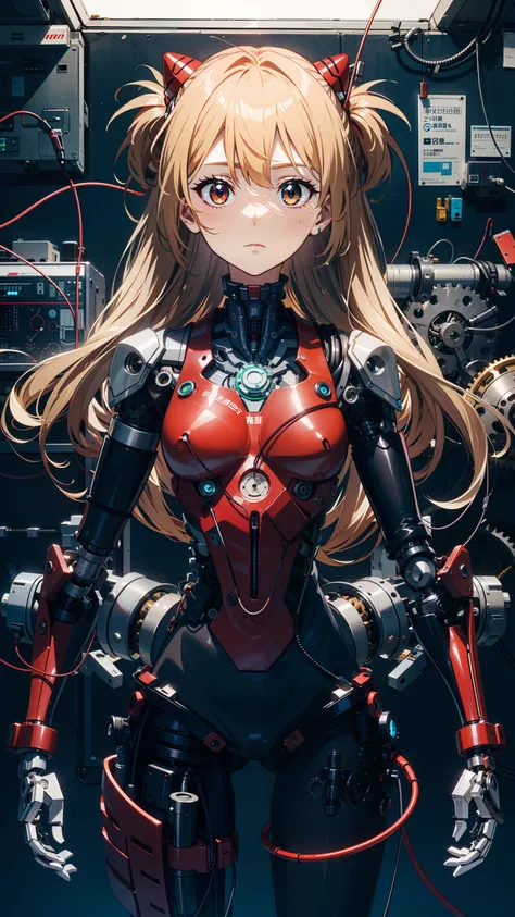 masterpiece, best quality, lying, full body, indoors, (1 mechanical girl locked on a hanger:1.5),(transparent surfaces and skins:1.5),(many mechanical gears and electronic components inside the body:1.4),(mechanical vertebra and cervial:1.3),solo,expressionless,(wires and cables attaching to head and body:1.4),(mechanical arms of surgical machine around:1.2),(Circuit boards:1.4),(character focus:1.3),science fiction, souryuu asuka langley,