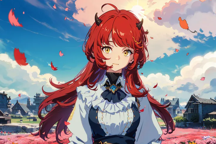 masterpiece, best quality,
1girl, (colorful),(finely detailed beautiful eyes and detailed face),cinematic lighting,bust shot,extremely detailed CG unity 8k wallpaper,red hair,solo,smile,intricate skirt,((flying petal)),(Flowery meadow)
sky, cloudy_sky, building, sunlight, sun,yellow eyes, horns,long hair,