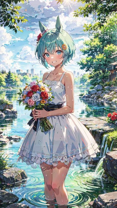 masterpiece,best quality,
1girl, bare shoulders, grin, bouquet, day, dress, flower, holding, holding bouquet, lake, looking at viewer, nature, outdoors, red flower, rose, solo, standing, tree, water, water drop, waterfall, wet
sky, cloudy sky, building, sun,
 <lora:UmaMusume_AIO:0.5>, seiun sky \(umamusume\),