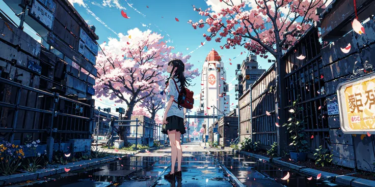 masterpiece, best quality,
(1girl:1.2), black skirt, branch, building, chain-link fence, cherry blossoms, fence, long hair, outdoors, petals, pleated skirt, rain, shirt, short sleeves, skirt, solo, standing, tree,
sky,
BREAK
(spaceship in sky:1.4), intricate game cg, exceptional, extremely detailed, vivid colours, absurdres, cityscape, horizon
