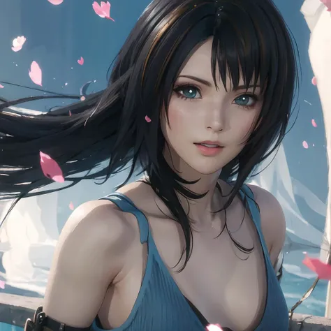 rinoa, 1 girl, blue duster, brown hair streaks, blue wristbands, black tanktop, hair blowing in the wind, unparalleled masterpiece, 8k, perfect artwork, beautiful face, beautiful eyes, action pose, windy, technology, accurate hands, dramatic lighting, ray tracing, symmetrical eyes, smile, full body, <lora:rinoaHeartillyFinal_v2:1>, <lora:popularTrainedOnTheMost_v10:1>, grassland, flowers, petals in the sky, sunlight, upper body, close up