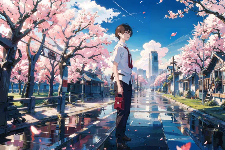 masterpiece, best quality, 1boy, bara, branch, building, chain-link fence, cherry blossoms, fence, outdoors, petals, rain, shirt, short sleeves, solo, standing, tree, sky,street