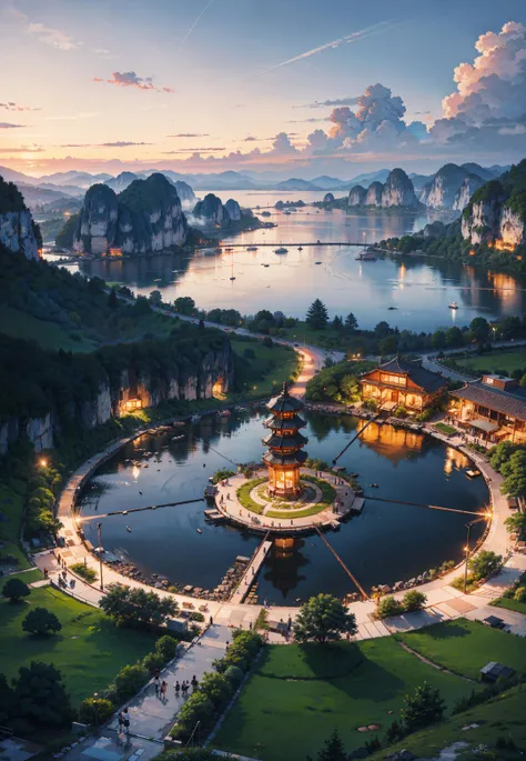 crater, illustration, beauty, dusk, water mist, landscape, vista, circular lake, Guilin,