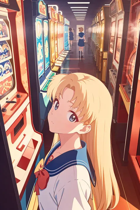 masterpiece, best quality, high contrast, picture sailor moon with blonde hair, hdr, perspective, looking to the side,1girl, detailed eyes, arcade machine, in arcade shop background