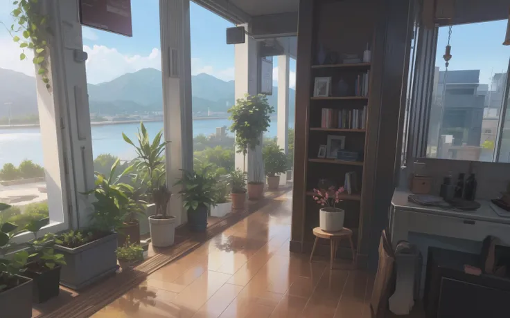 (masterpiece, highest best quality, original, amazing, extremely, Ultra HD, incredibly absurdres, best quality, 8k), (open view), (interior design), (botanical garden:1.5), (very many hanging potted plants:1.5), (very many potted plant:1.5), (potted plants on the floor), (there are also potted plants on the cabinet), (workshop), (dense bookcase:1.2), (blue sky, morning sun:1.5), (soft lighting:1.1), (very many glass windows:1.1), (light pours into the house through a large number of glass windows:1.2), Light blue tailored, depth of field, a lot of books, a detailed matte painting, wooden floor, many bookshelves, lots of plants and books on the shelves and a window, plant, potted_plant, rossdraws global illumination, box, clock, jar, palm_tree, plant, potted_plant, scenery, shelf, table, tree, Wide field of view, Japanese city, background is the street view of Tokoy, (lens flare), (modern city), (glass ceiling:1.3),