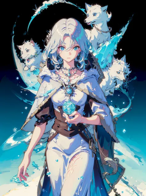 Jani is a witch who lives in a snowy region of Elden Ring. She has long silver hair and blue eyes that glow with magic. She wears a white dress with fur trim and a hooded cloak that covers her shoulders. She also wears a silver necklace with a pendant shaped like a snowflake. She carries a staff that can summon wolves and cast ice spells.