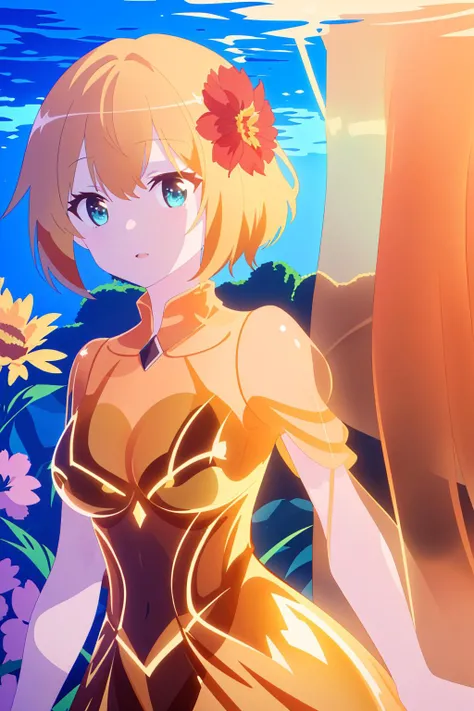 (((masterpiece))),(((best-quality))),(((extremely detailed unity 8k wallpaper))), upper body,extremely detailed face and eyes,(golden hair:1.5),aqua eyes,hair between eyes,medium breasts,(golden:1.5) (silk) (transparent:1.5) dress golden hair ribbon,golden hair flower [underwater:in space:20], <lora:Tonari:0.8>,