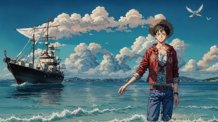 (((ultra detailed))), (((masterpiece))), illustration,((1boy)),full body,((solo)),One Piece,Monkey D. Luffy ,Luffy, the protagonist of One Piece, is standing alone on the deck of a sailing ship. The background is the deep blue sea, with a few clouds and seagulls soaring in the sky. a few ship are in the sea,sails are fluttering, reinforcing the atmosphere of the sea.
Luffy is wearing his iconic (straw hat:1.2) and has a diagonal scar on his cheek. He is grinning broadly with a blade of grass in his mouth, revealing his teeth. His skin is as delicate as a boy's, and his well-developed muscles are obvious, especially the conspicuous X-shaped scar across his chest.
His red coat is open, without an undershirt, revealing his strong upper body. His powerful arms, one hand on the straw hat above his head and one hand clenched into a fist, show the protagonist's strength and determination.
His sturdy thigh muscles and squat posture, He wears tattered ultrashort blue jeans and slippers, which suits this free and open pirate very well.
The whole picture is colorful and full of vitality. Luffy's posture, expression and body language perfectly show a true protagonist who belongs to the way of pirates.
The perspective focuses more on Luffy's front or side, clearly showing the optimistic, fearless and heroic character of the protagonist of One Piece.