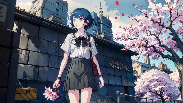 masterpiece, best quality,
1girl, black skirt, branch, building, chain-link fence, cherry blossoms, <single_shoulder bag>,fence, long hair, outdoors, petals, pleated skirt, rain, shirt, short sleeves, skirt, solo, standing, tree,
sky,street <lora:projectSekaiKiritani_harukaFinal:0.8>