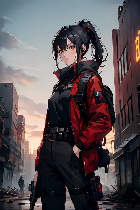 1girl, black hair, red jacket, black sweater, brown belt and harness, black pant, upper body, beautiful face, standing, dark background, detailed background, headset, glock, pistol, gun, backpack, city in ruin, post-apocalyptic, futuristic, beautiful lighting, ruins, tree, grass, <lora:add_detail:1>