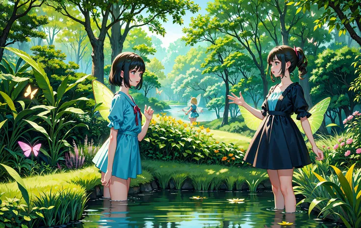 masterpiece, fairies playing in a pond in the forest, fireflies, butterflies, pixiedust, sunny, studio ghibli style, highly intricate, highly detailed, photorealism style