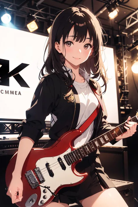 (masterpiece, best quality), (absurdres:1.3), (photorealistic:1.5), RAW photo of (18-year-old:1.4) Japanese girl, (ultra detailed, ultra realistic, hyper realistic, 8K, ultra highres:1.2), (dynamic pose:1.2), bokeh, sharp focus, long hair, young girl, slim, detailed eyes, detailed face, BREAK <lyco:more_details:0.8>, slender, slim, (dynamic pose:1.2), (cinematic composition:1.2), playing electric guitar, on stage, smile