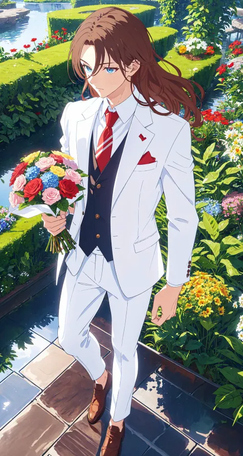 masterpiece, best quality, high quality, highres, absurdres, 4k, 8k, hdr, ultra detailed, 
1man, 30yo, handsome, white_suit, red_neckwear, long_wavy_brown_hair, blue_eyes, holding_bouquet, looking_away, standing, full_body, 
garden, simple_background, overcast, cloudy,