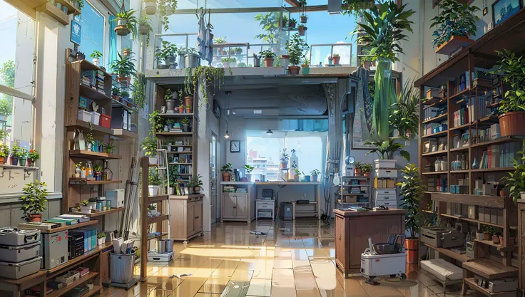 (masterpiece, highest best quality, original, amazing, extremely, Ultra HD, incredibly absurdres, best quality, 8k), (open view), (interior design), (botanical garden:1.5), (workshop), (dense bookcase:1.2), (blue sky, morning sun:1.5), (soft lighting:1.1), (very many glass windows:1.1), (light pours into the house through a large number of glass windows:1.2), Light blue tailored, depth of field, a lot of books, a detailed matte painting, wooden floor, many bookshelves, lots of plants and books on the shelves and a window, plant, potted_plant, rossdraws global illumination, box, clock, jar, palm_tree, plant, potted_plant, scenery, shelf, table, tree, Wide field of view, Japanese city, background is the street view of Tokoy, (lens flare), (modern city), (glass ceiling:1.3), (very many hanging potted plants:1.8), (very many potted plant:1.8), (potted plants on the floor:1.8), (there are also potted plants on the cabinet:1.8),
