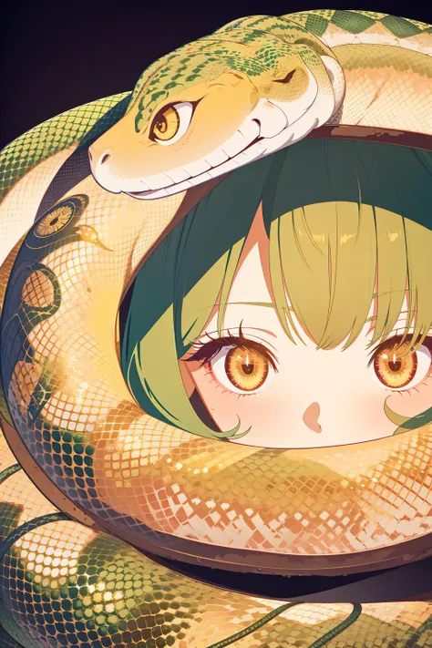 masterpiece, best quality, high contrast, 1girl, picture of a goddess of snakes, green hair, yellow eyes, BREAK, rattlesnake, snake eyes, macro view, natural lighting, ultra detailed, extreme closeup, By Alexander Jansson