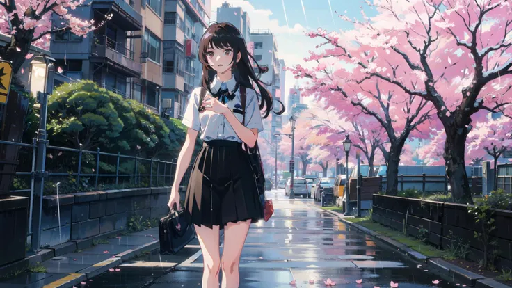 masterpiece, best quality,
1girl, black skirt, branch, building, chain-link fence, cherry blossoms, fence, long hair, outdoors, petals, pleated skirt, rain, shirt, short sleeves, skirt, solo, standing, tree,
sky,street