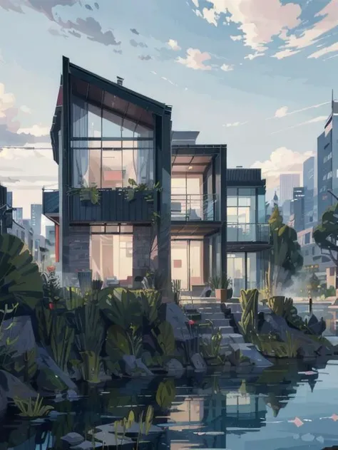 100_illustrate, house, (masterpiece)  in the city, modern architecture, water, lake, windows<lora:illustratearchitecture:0.7>