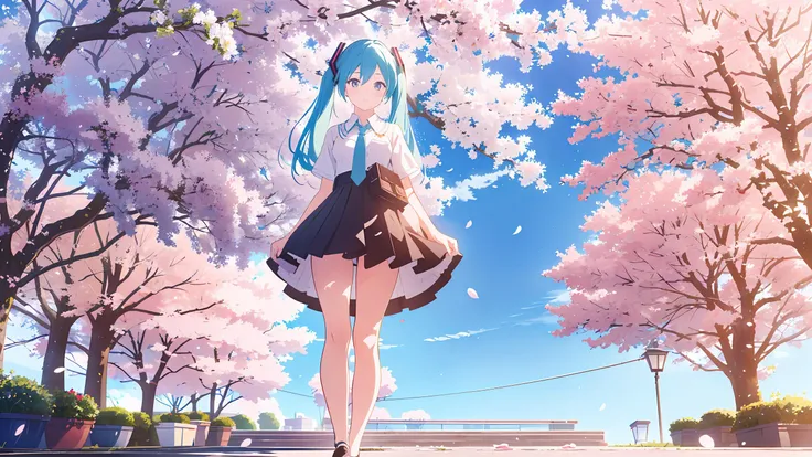 best quality, masterpiece, 1girl,solo,full body,cherry blossoms,walking in the load, in school,hatsune miku, holding dress,upper body, from below,legs