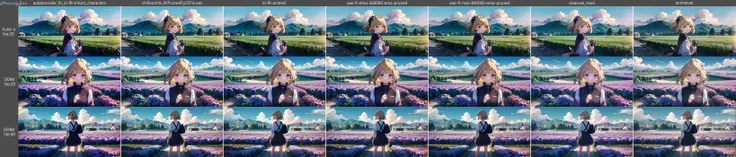 The blonde in blue stood in a flower field, Akiko Takase's animation style, The smell of Violet Ivy, Clouds in the sky, A delicate face and hair, A soft light, Feel like a movie, Full-body photo, illustration