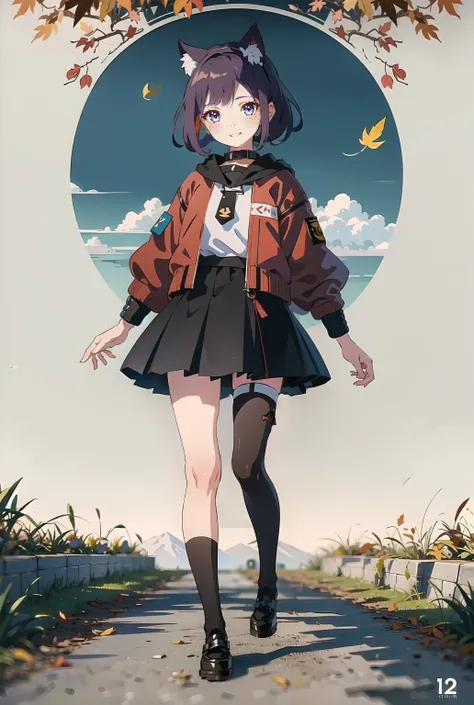 masterpiece, best quality, 1girl, 4k, autumn, falling leaves, fall, detailed, face, eyes, beautiful, full body, leggings, socks, shoes, sharp, high res, cat ears, rosy cheeks, realistic, small chest, mountains, colorful, vibrant, purple hair, blue eyes, walking, orange leaves, leaf, windy, cinematic, movie poster, shadows,