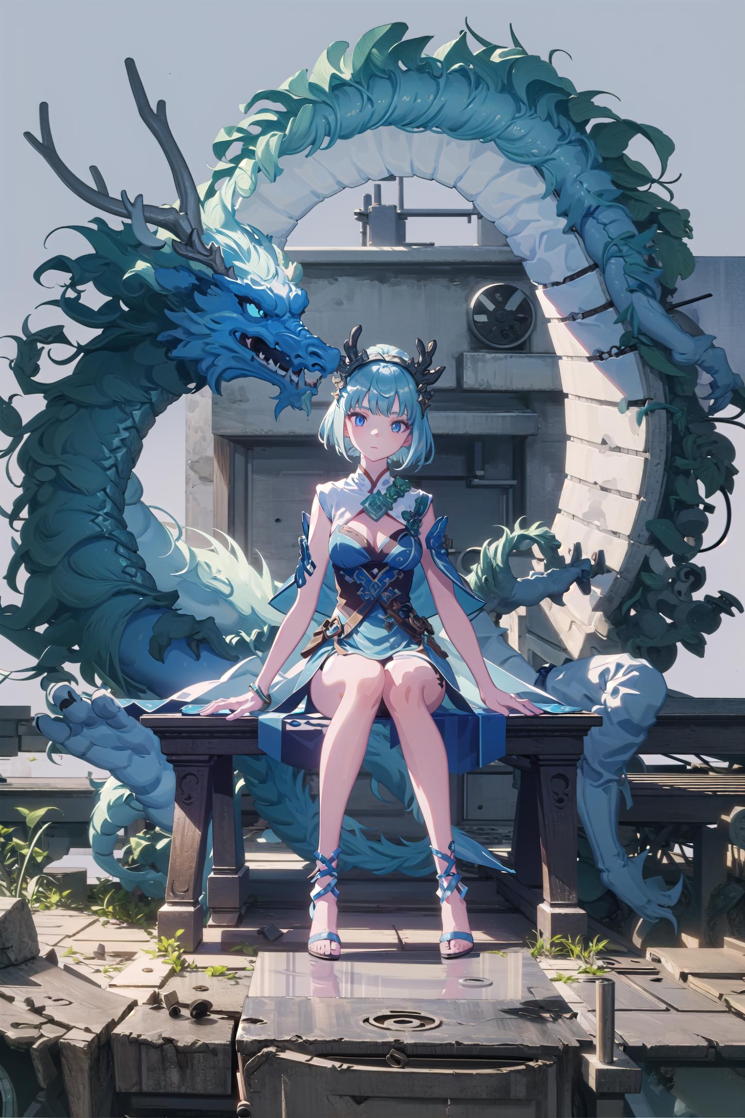 Anime girl sitting on a bench with a dragon in the background - SeaArt AI
