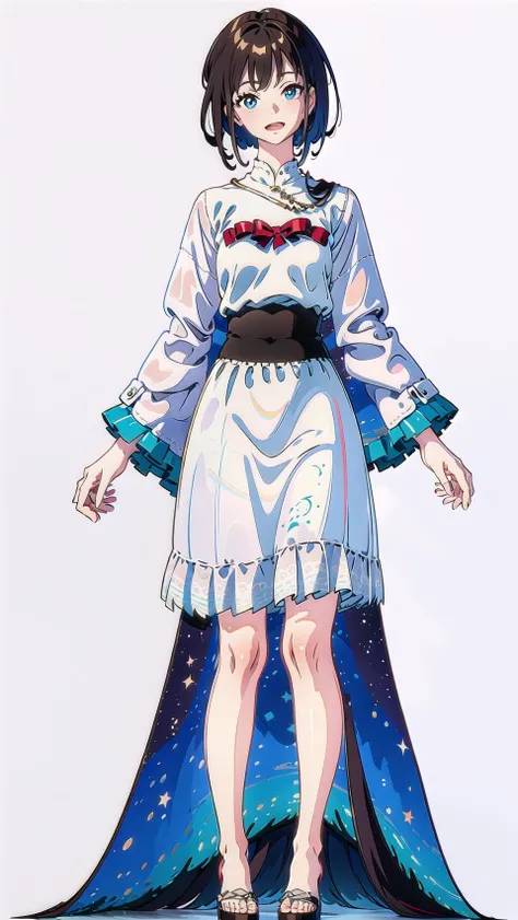 masterpiece, best quality,1girl, full body,solo,(simple background,white background:1.5),standing strait, looking at viewer,open mouth, laugh,white dress, summer dress, open dress, white skirt, <lora:GoodHands-vanilla:1> vt <lora:VtuberV2-000007:1>