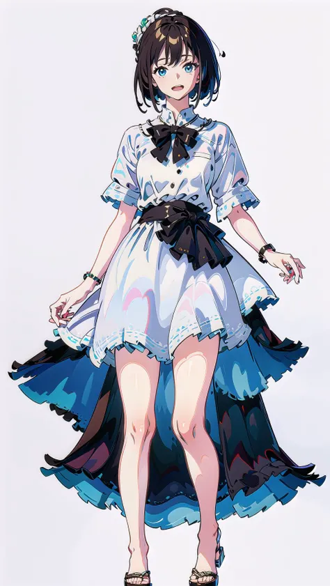 masterpiece, best quality,1girl, full body,solo,(simple background,white background:1.5),standing strait, looking at viewer,open mouth, laugh,white dress, summer dress, open dress, white skirt, <lora:GoodHands-vanilla:1> vt <lora:VtuberV2-000007:1>