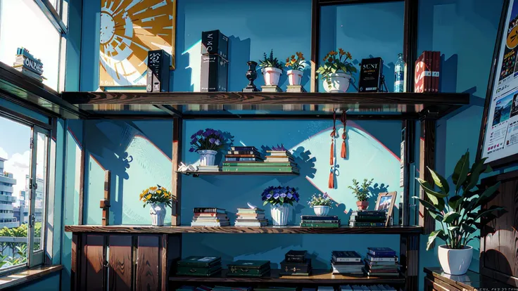 masterpiece, best quality,Sunshine,Room,Flowers and plants,Blue Sky,Wooden room,Bookshelf,Study,Glass window,Scenery,Afternoon,Light perception,dark halo,