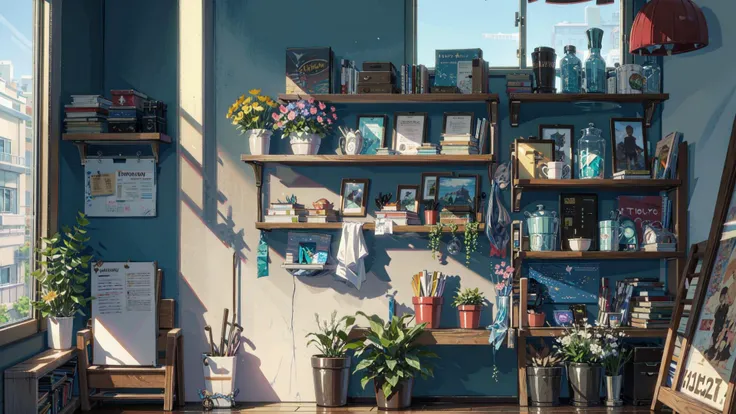 masterpiece, best quality,Sunshine,Room,Flowers and plants,Blue Sky,Wooden room,Bookshelf,Study,Glass window,Scenery,Afternoon,Light perception,dark halo,