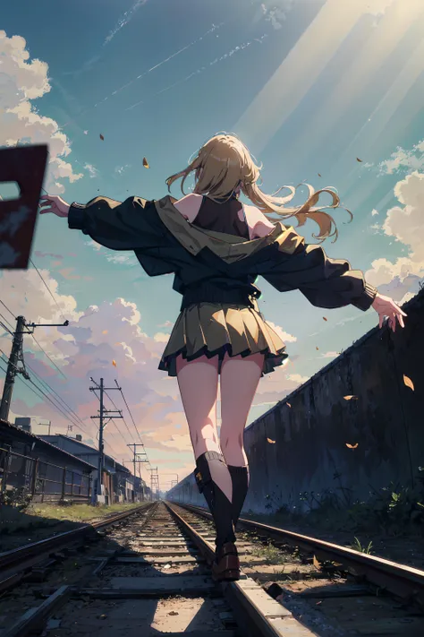 (best quality, masterpiece, highres), [[:✋,:0.5]::0.8],1girl, long gold hair, off-shoulder jacket, bare shoulders, miniskirt, from behind, walk on the rails, open hands, wind, abandoned railroad tracks, blue sky, light rays,