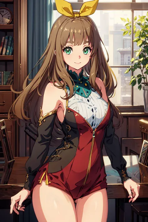 masterpiece, best quality, highres, yuuko1, 1girl, solo, green eyes, long hair, brown hair, yellow_hair_ribbon, bangs, eyebrows, <lora:yoshikawa_yuuko_v1:0.6>, thighs, breasts, smile