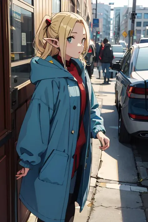 1girl,head,elf,blonde,full_shot,blue coat,incredibly absurdres,<lora:malu-000002:0.7>,