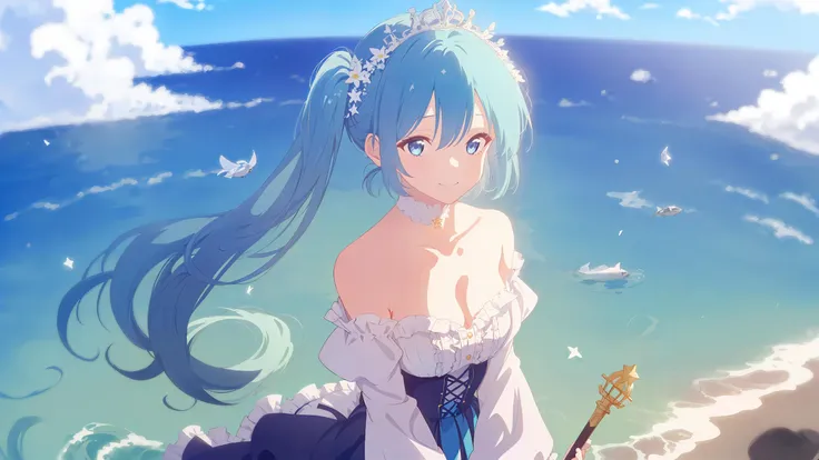 hires, masterpiece, 1girl,solo,mq,hatsune_miku, long_hair, reflected cloud,reflection,fish,star,night, breasts, looking_at_viewer, smile, bangs, blue_eyes, skirt, hair_ornament, long_sleeves, dress, holding, hair_between_eyes, bare_shoulders, twintails, very_long_hair, closed_mouth, blue_hair, collarbone, outdoors, frills, detached_sleeves, striped, puffy_sleeves, strapless, blue choker, floating_hair, blue_dress, frilled_dress, tiara, juliet_sleeves, strapless_dress, layered_dress, water, ripples, holding scepter, sfw,from above,