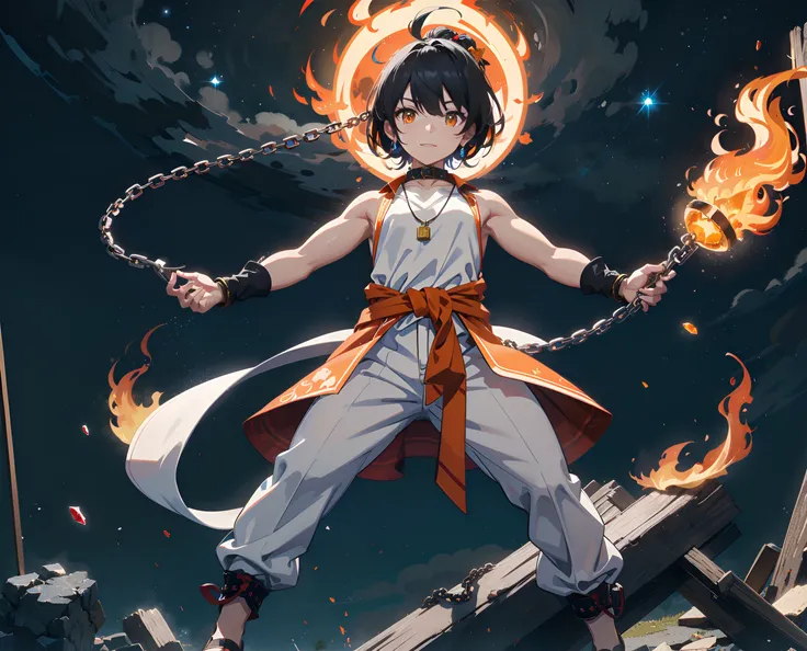 masterpiece, best quality, medieval vibes, medieval aesthetic, (1boy), ((full body)), slim body, (from below: 1.2), ((fighting stance)), ((about to strike the viewer)), ((flaming hot)), ((((small orange gemstone hooked on a chain necklace: 1.2)))), (((black hair))), (high ponytail: 1.2), red hair knot, ((sleeveless white collared tunic)), ((white and yellow medieval pants)), ((thick clothes of red and blue color tied around the waist)), (chainmail), elbow warmers, (amber dragon-like eyes)), collar bone, autumn trees, extremely detailed, ((nature)), equipped in shackles, wears chains, black sandals, (slightly muscular: 1.2), looking at viewer, confident expression, confident smiling, v-shaped eyebrows, (radiating flaming aura from the hands and all around: 1.3), glowing eyes, night sky